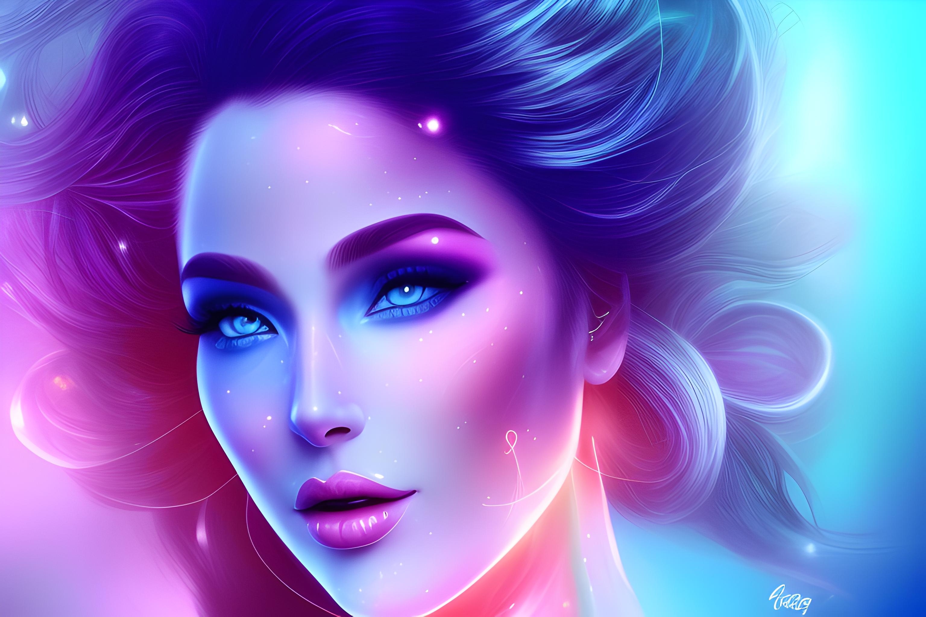 visage de femme parfaite recouvert de lumiere de toute les couleurs qui danse sur elle
